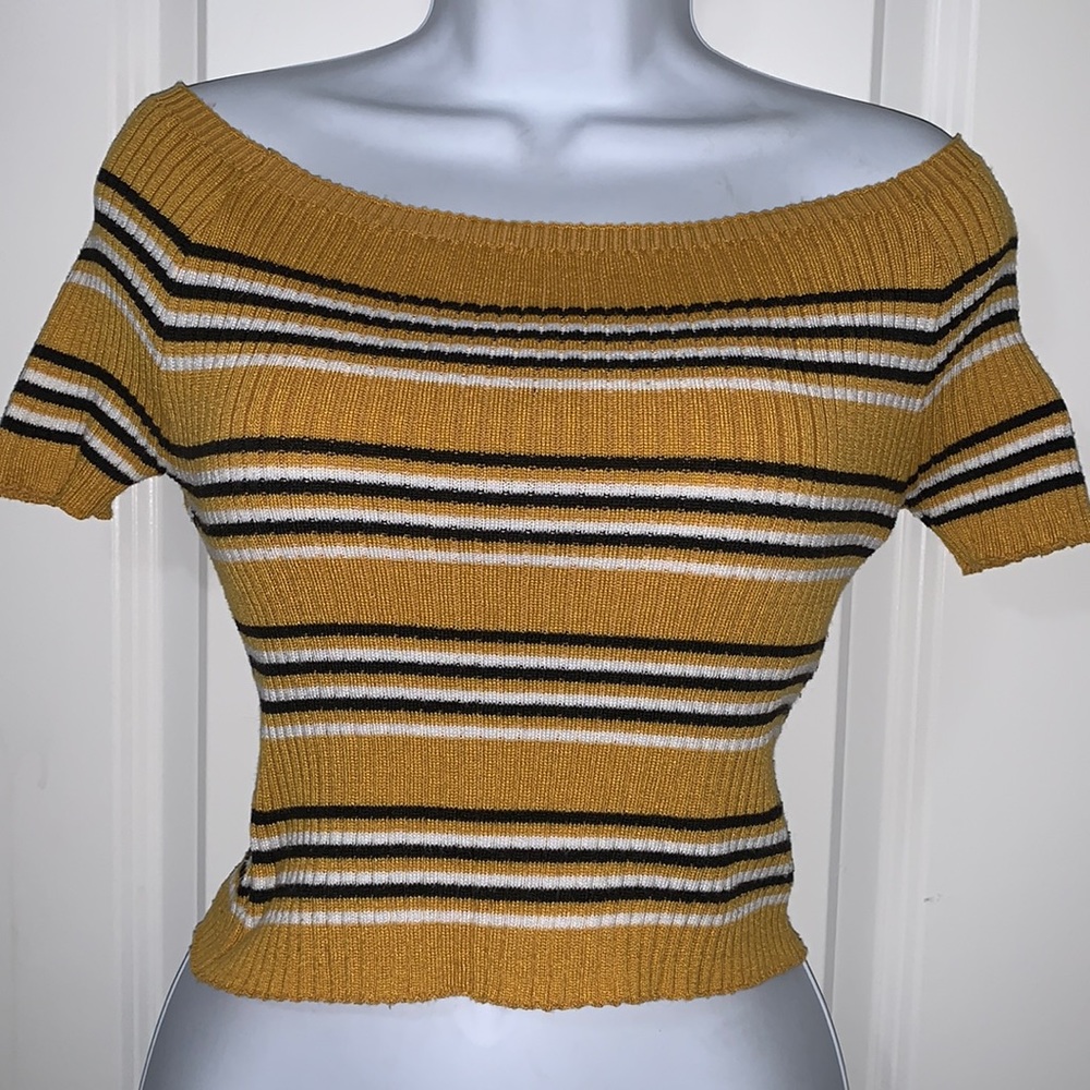 Mustard yellow striped off the shoulder crop-top